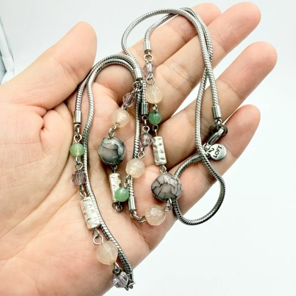 Loft Gem Stone Beaded Silver Tone Long Necklace